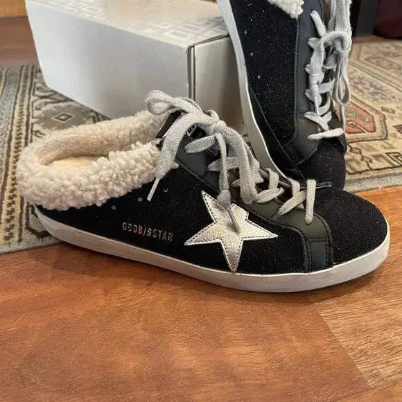 Golden Goose Sabot Shearling Lined Leather Slip On Sneakers Black White Size 10 - Picture 6 of 16